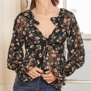 NWT -  You Love Me Black Floral Print Ruffled Tie-Front Top